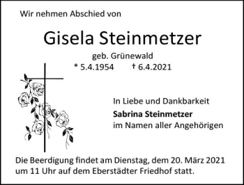 Traueranzeige von Gisela Steinmetzer von vrm-trauer