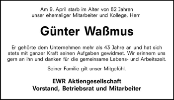 Traueranzeige von Günter Waßmus von vrm-trauer