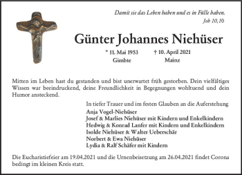 Traueranzeige von Günter Johannes Niehüser von vrm-trauer