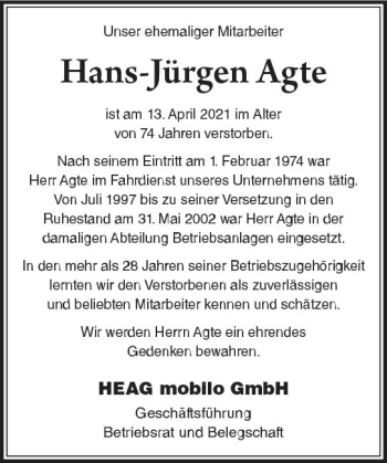 Traueranzeige von Hans-Jürgen Agte von vrm-trauer