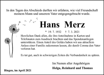 Traueranzeige von Hans Merz von vrm-trauer