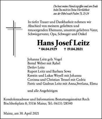 Traueranzeige von Hans Josef Leitz von vrm-trauer
