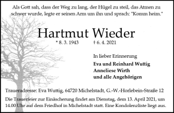 Traueranzeige von Hartmut Wieder von vrm-trauer