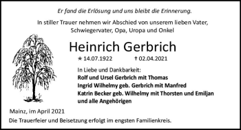Traueranzeige von Heinrich Gerbrich von vrm-trauer