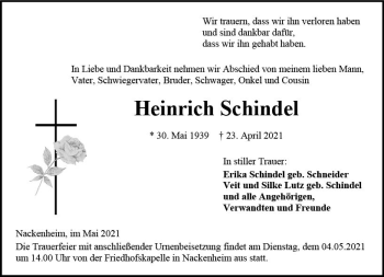 Traueranzeige von Heinrich Schindel von vrm-trauer