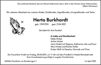 Traueranzeige von Herta Burkhardt von vrm-trauer