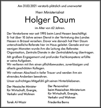 Traueranzeige von Holger Daum von vrm-trauer