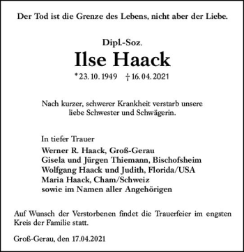 Traueranzeige von Ilse Haack von vrm-trauer