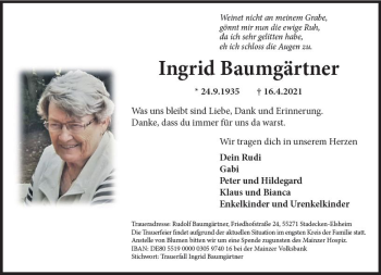 Traueranzeige von Ingrid Baumgärtner von vrm-trauer