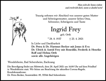 Traueranzeige von Ingrid Frey von vrm-trauer