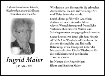 Traueranzeige von Ingrid Maier von vrm-trauer