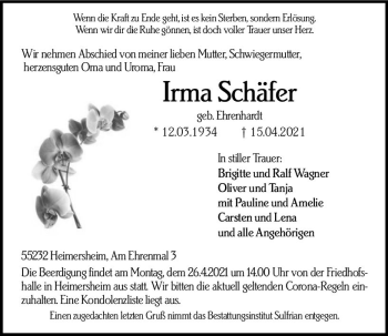 Traueranzeige von Irma Schäfer von vrm-trauer