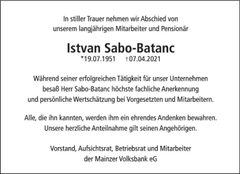 Traueranzeige von Istvan Sabo-Batanc von vrm-trauer