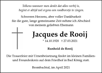 Traueranzeige von Jacques de Rooij von vrm-trauer