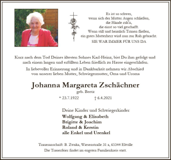 Traueranzeige von Johanna Zschächner von vrm-trauer
