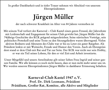 Traueranzeige von Jürgen Müller von vrm-trauer