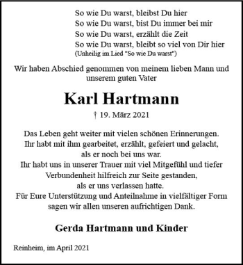 Traueranzeige von Karl Hartmann von vrm-trauer
