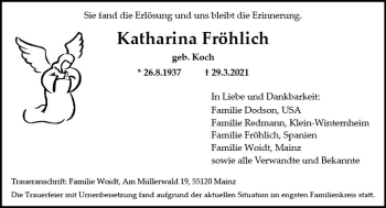 Traueranzeige von Katharina Fröhlich von vrm-trauer