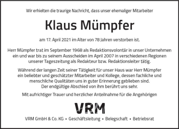 Traueranzeige von Klaus Mümpfer von vrm-trauer