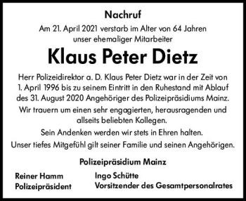 Traueranzeige von Klaus Peter Dietz von vrm-trauer