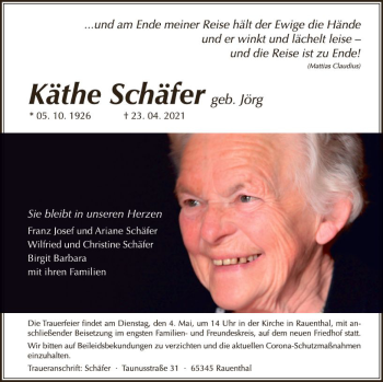 Traueranzeige von Käthe Schäfer von vrm-trauer