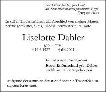 Traueranzeige von Liselotte Dähler von vrm-trauer