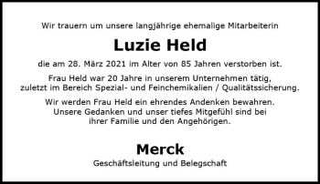 Traueranzeige von Luzie Held von vrm-trauer