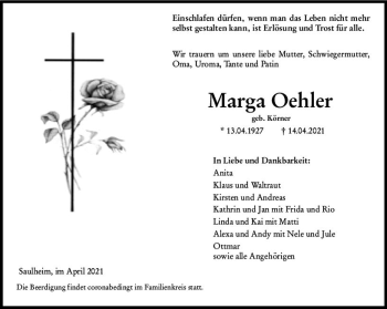 Traueranzeige von Marga Oehler von vrm-trauer