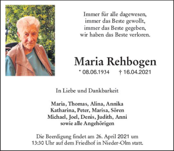 Traueranzeige von Maria Rehbogen von vrm-trauer