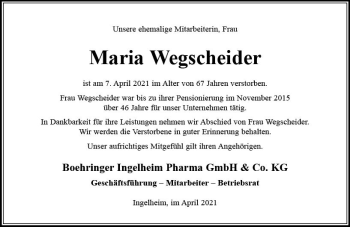 Traueranzeige von Maria Wegscheider von vrm-trauer