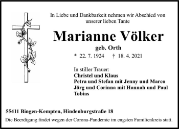 Traueranzeige von Marianne Völker von vrm-trauer