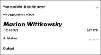 Traueranzeige von Marion Wittkowsky von vrm-trauer
