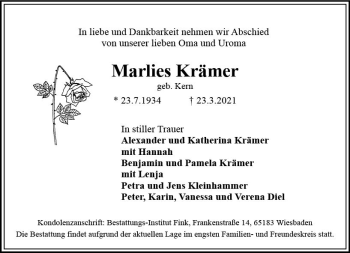 Traueranzeige von Marlies Krämer von vrm-trauer