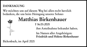 Traueranzeige von Matthias Birkenhauer von vrm-trauer