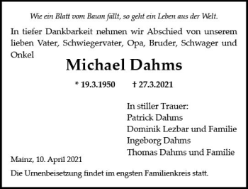 Traueranzeige von Michael Dahms von vrm-trauer
