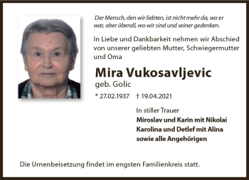 Traueranzeige von Mira Vukosavljevic von vrm-trauer
