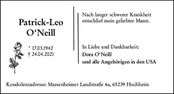 Traueranzeige von Patrick-Leo O´Neill von vrm-trauer