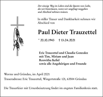 Traueranzeige von Paul Dieter Trauzettel von vrm-trauer