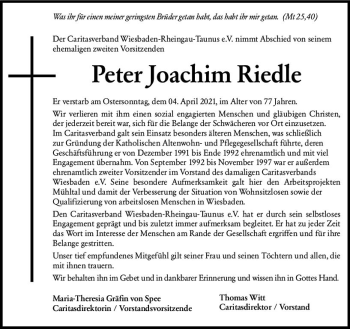 Traueranzeige von Peter Joachim Riedle von vrm-trauer