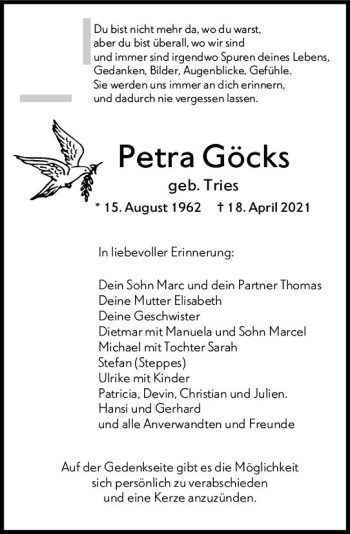Traueranzeige von Petra Göcks von vrm-trauer