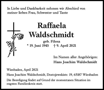 Traueranzeige von Raffaela Waldschmidt von vrm-trauer