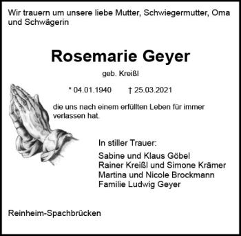 Traueranzeige von Rosemarie Geyer von vrm-trauer