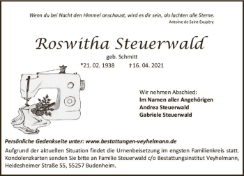 Traueranzeige von Roswitha Steuerwald von vrm-trauer