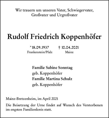 Traueranzeige von Rudolf Friedrich Koppenhöfer von vrm-trauer