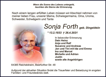 Traueranzeige von Sonja Forth von vrm-trauer
