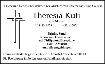 Traueranzeige von Theresia Kuti von vrm-trauer