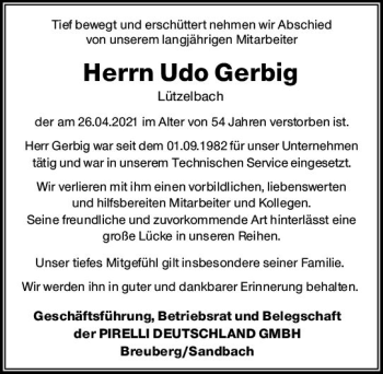 Traueranzeige von Udo Gerbig von vrm-trauer