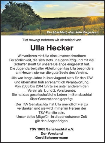 Traueranzeige von Ulla Hecker von vrm-trauer