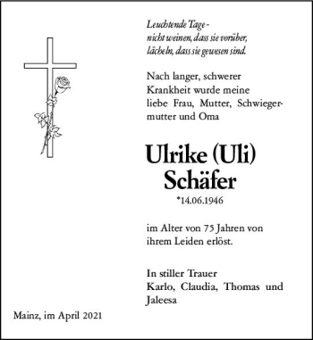 Traueranzeige von Ulrike Schäfer von vrm-trauer