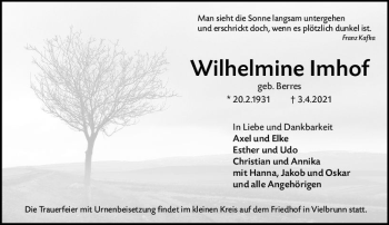Traueranzeige von Wilhelmine Imhof von vrm-trauer
